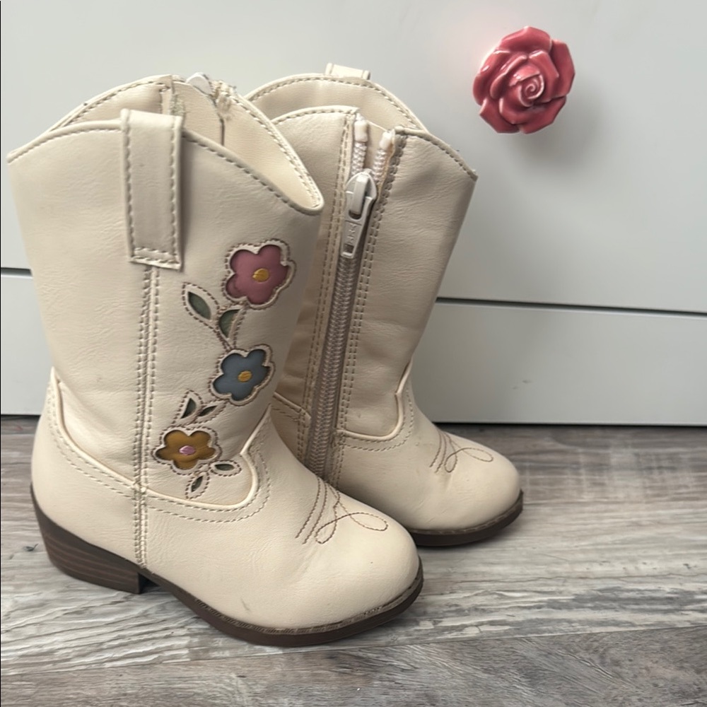 Cream Floral Embroidered Kids' Boots